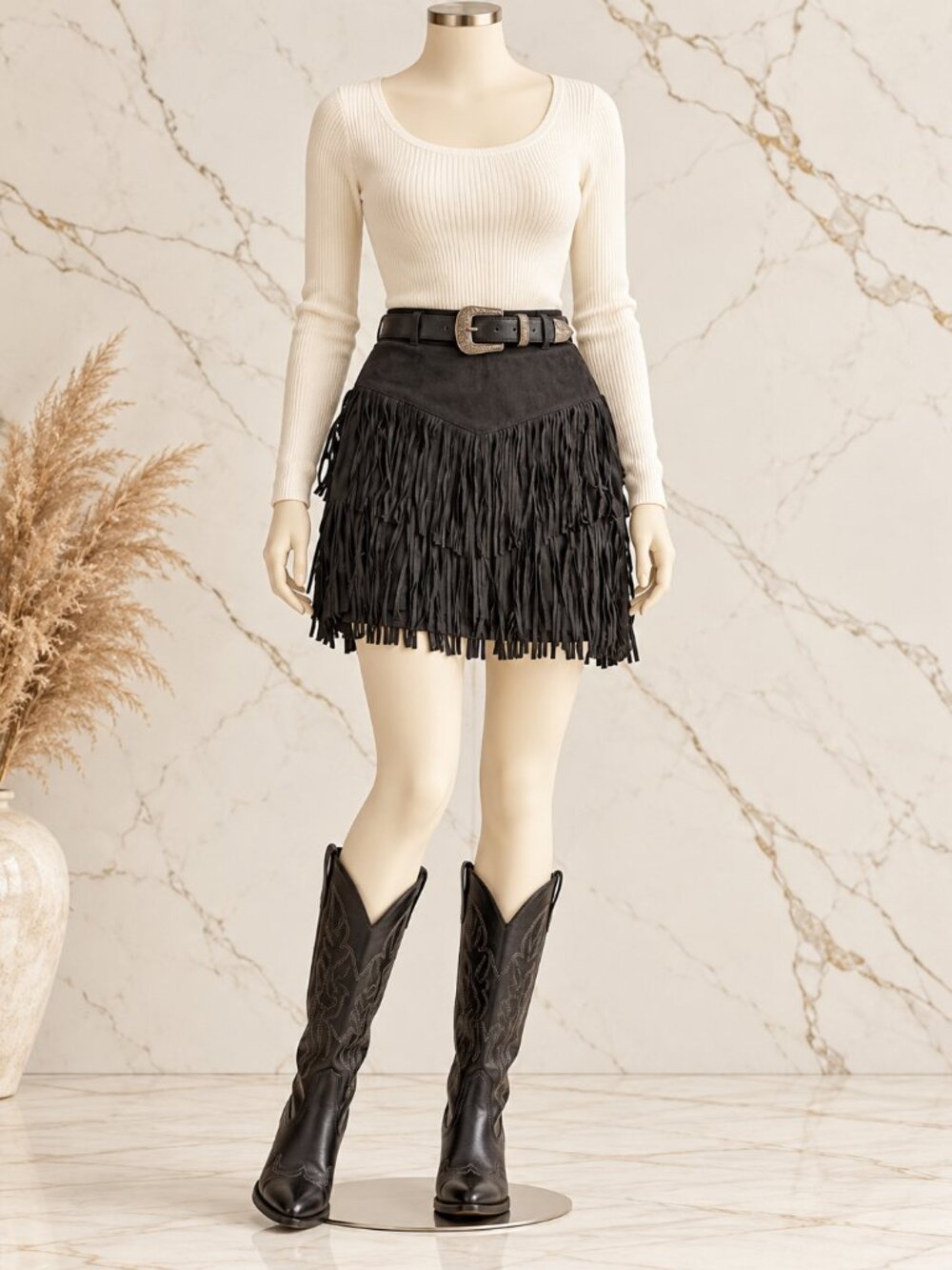 ALYA by Francesca’s Black Faux Suede Fringe Mini Skirt Western Cowgirl SZ Large